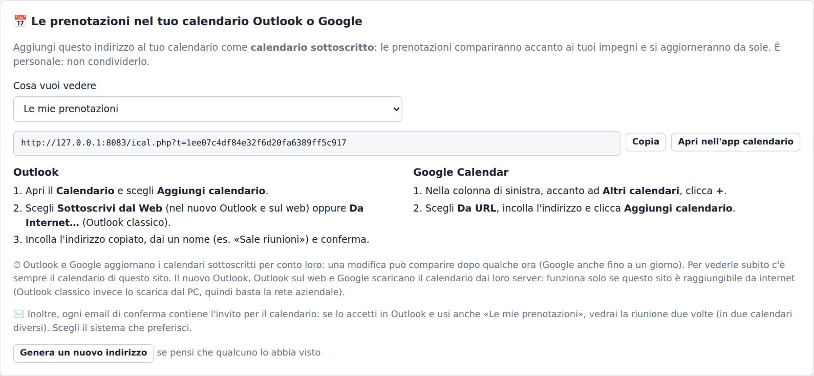 Il calendario da abbonare, con le istruzioni per Outlook e Google